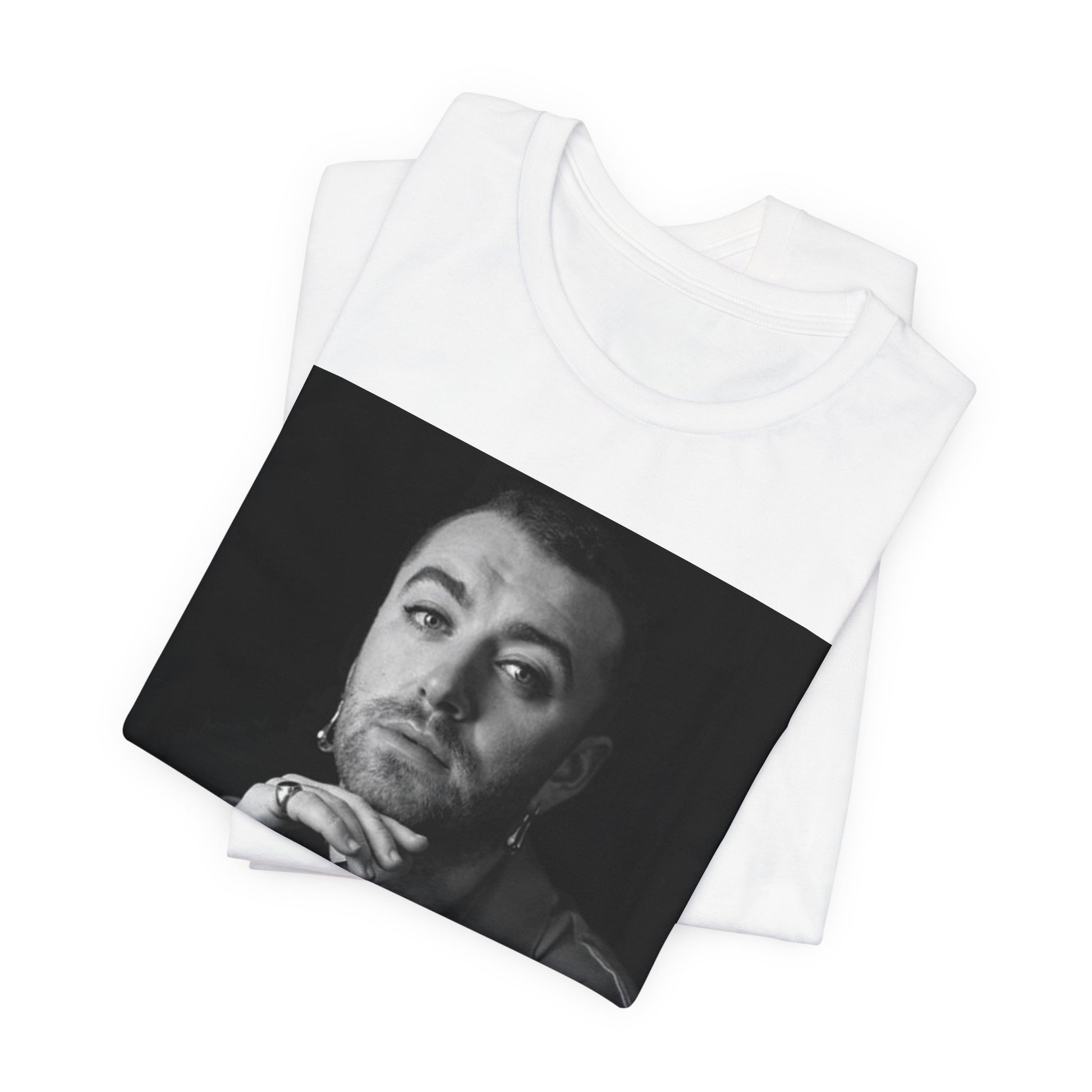A black graphic t-shirt featuring a black and white portrait photo of Sam Smith.