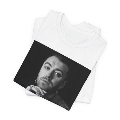 A black graphic t-shirt featuring a black and white portrait photo of Sam Smith.