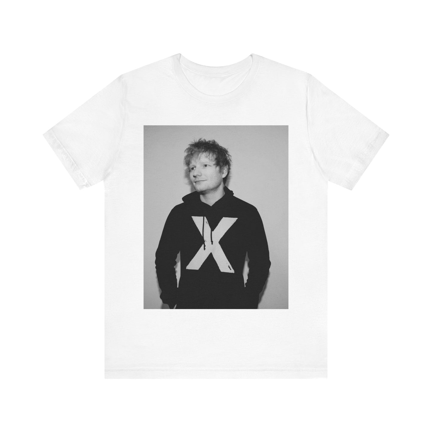 A black graphic t-shirt featuring a black and white graphic related to Ed Sheeran's album 'X'.