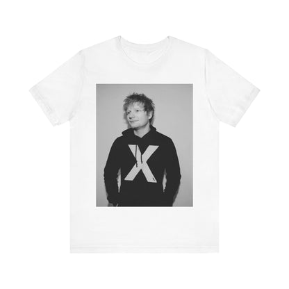 A black graphic t-shirt featuring a black and white graphic related to Ed Sheeran's album 'X'.