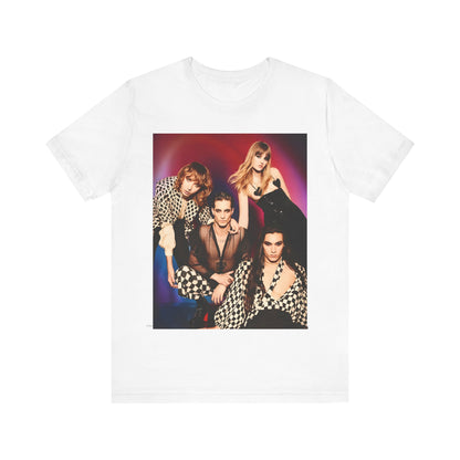 A black graphic t-shirt featuring a vintage glam rock graphic of Maneskin.