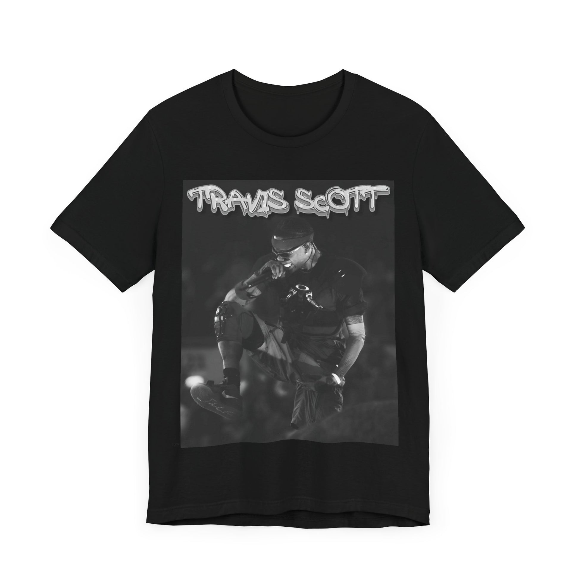 A black graphic t-shirt featuring a casual rap fan graphic of Travis Scott.
