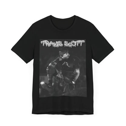 A black graphic t-shirt featuring a casual rap fan graphic of Travis Scott.