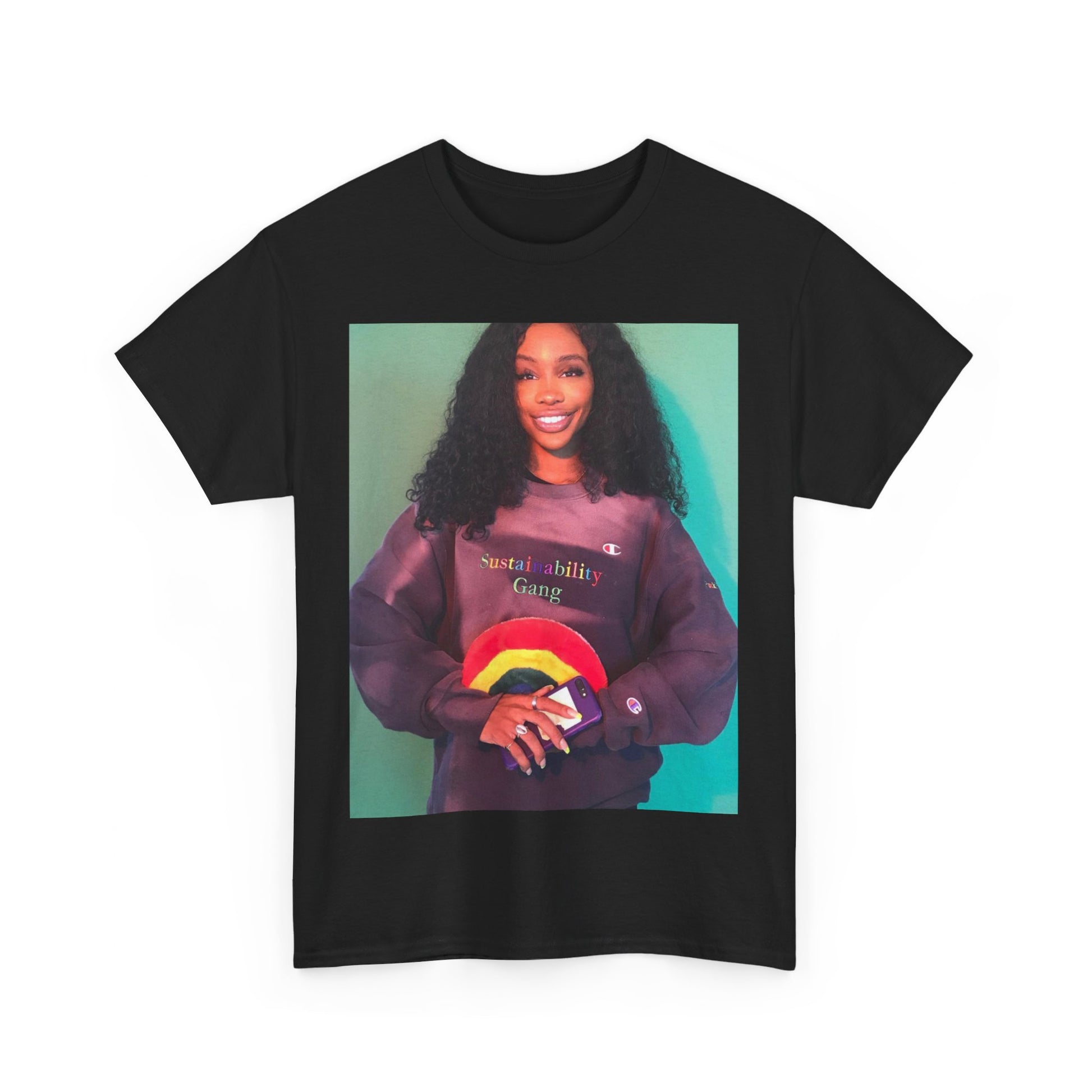 A black graphic t-shirt featuring a graphic of SZA with a feel-good R&B vibe.
