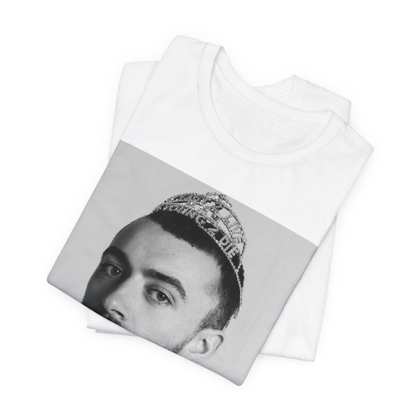 A black graphic t-shirt featuring a graphic of Sam Smith as a gender fluid icon.