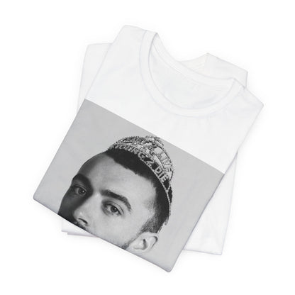 A black graphic t-shirt featuring a graphic of Sam Smith as a gender fluid icon.