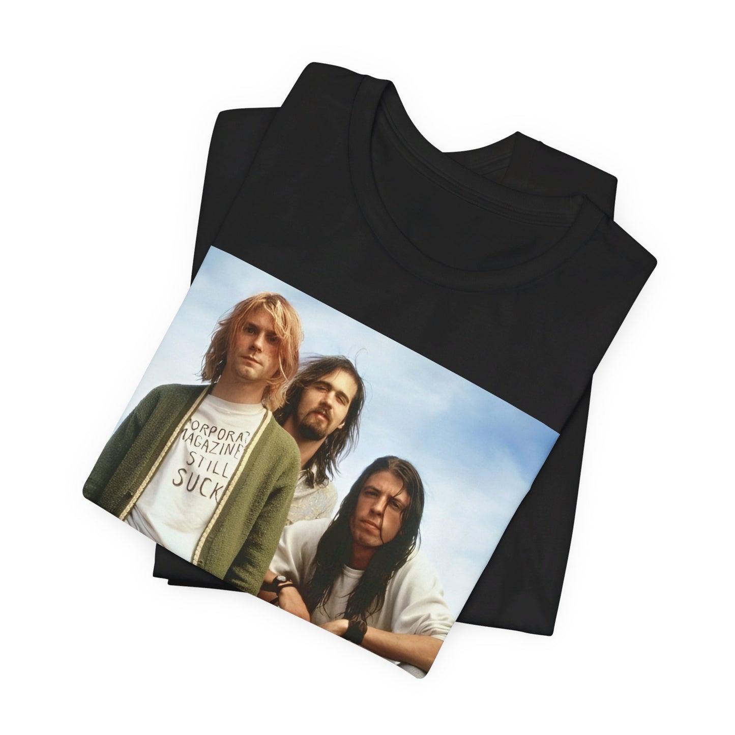 A black graphic t-shirt featuring a bold graphic of Nirvana as grunge superstars.