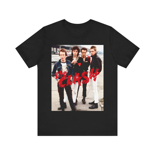 A black graphic t-shirt featuring a graphic of The Clash with an everyday punk style aesthetic.