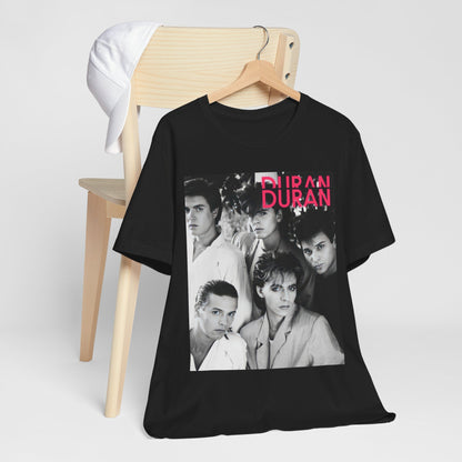 A black graphic t-shirt featuring a black and white graphic or photo of Duran Duran, designed with an 80s retro aesthetic.