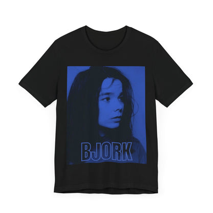 A black graphic t-shirt featuring a modern, avant-garde graphic of Bjork, possibly with abstract or futuristic elements.