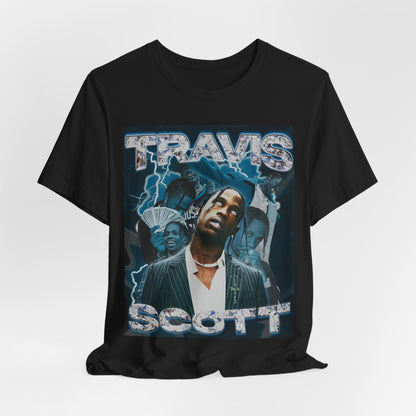 A black graphic t-shirt featuring a 90s bootleg style graphic of Travis Scott.
