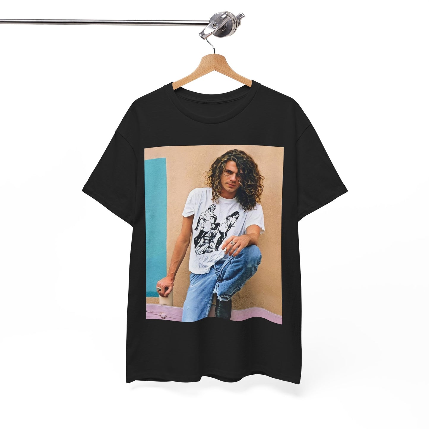 A black graphic t-shirt featuring a 90s chill retro rock graphic of INXS.