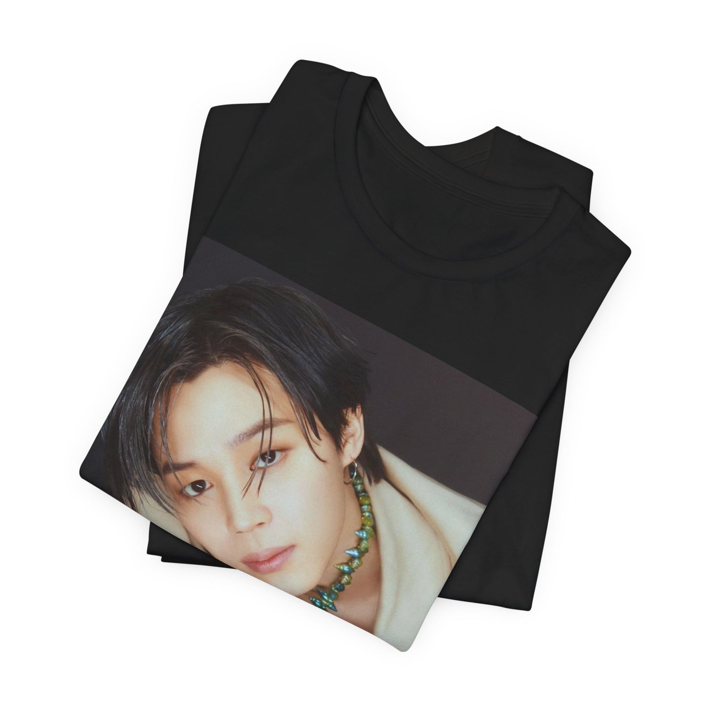A black graphic t-shirt featuring a retro graphic related to Jimin's 'Filter' era.