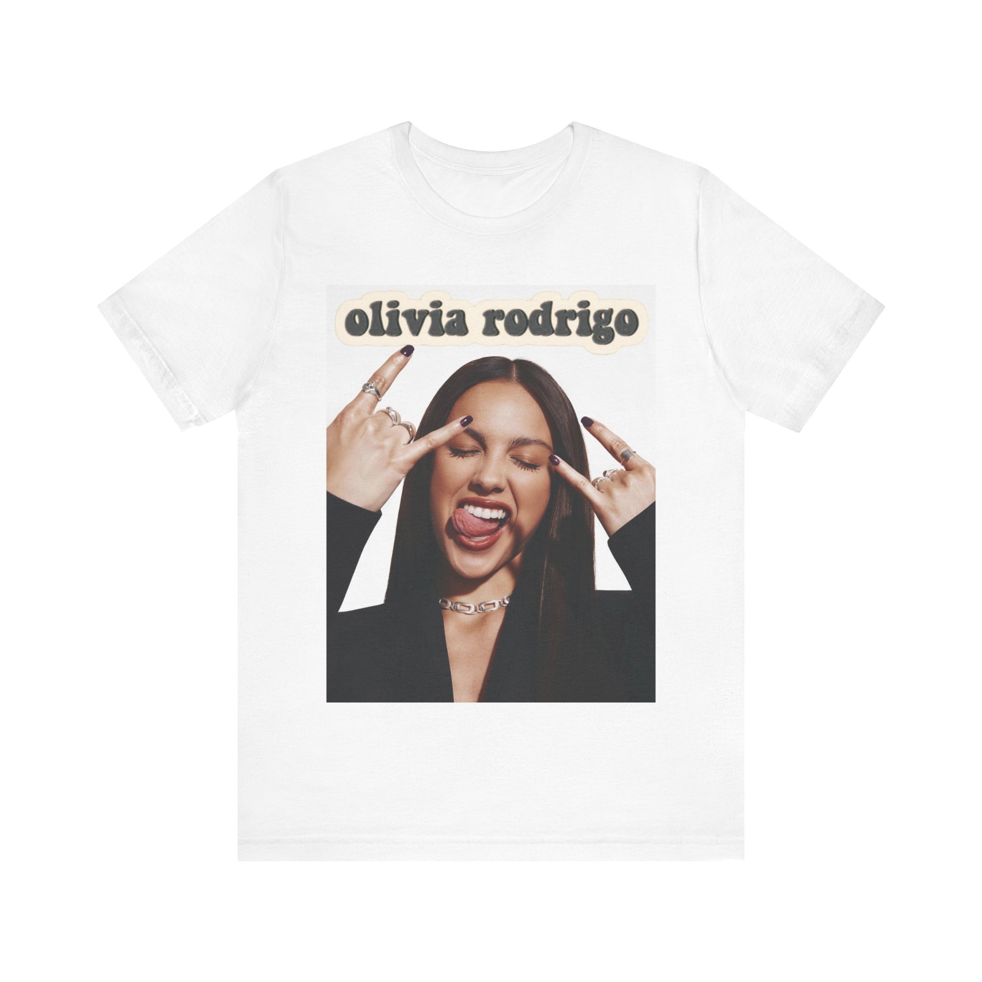 A black graphic t-shirt featuring a graphic related to Olivia Rodrigo's timeless pop anthems.