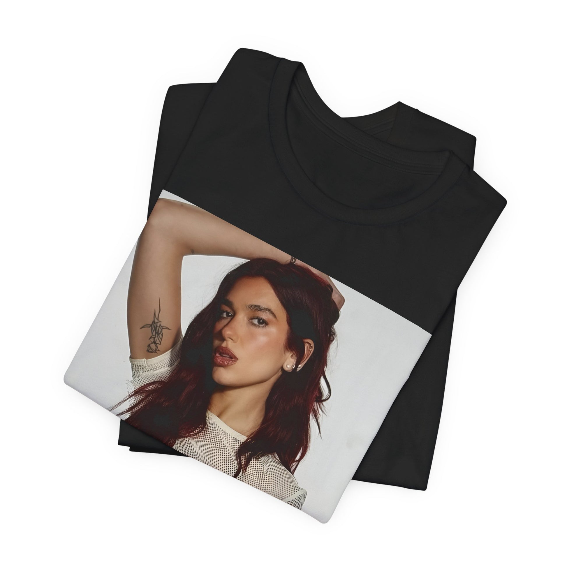 A black graphic t-shirt featuring a minimal graphic of Dua Lipa.