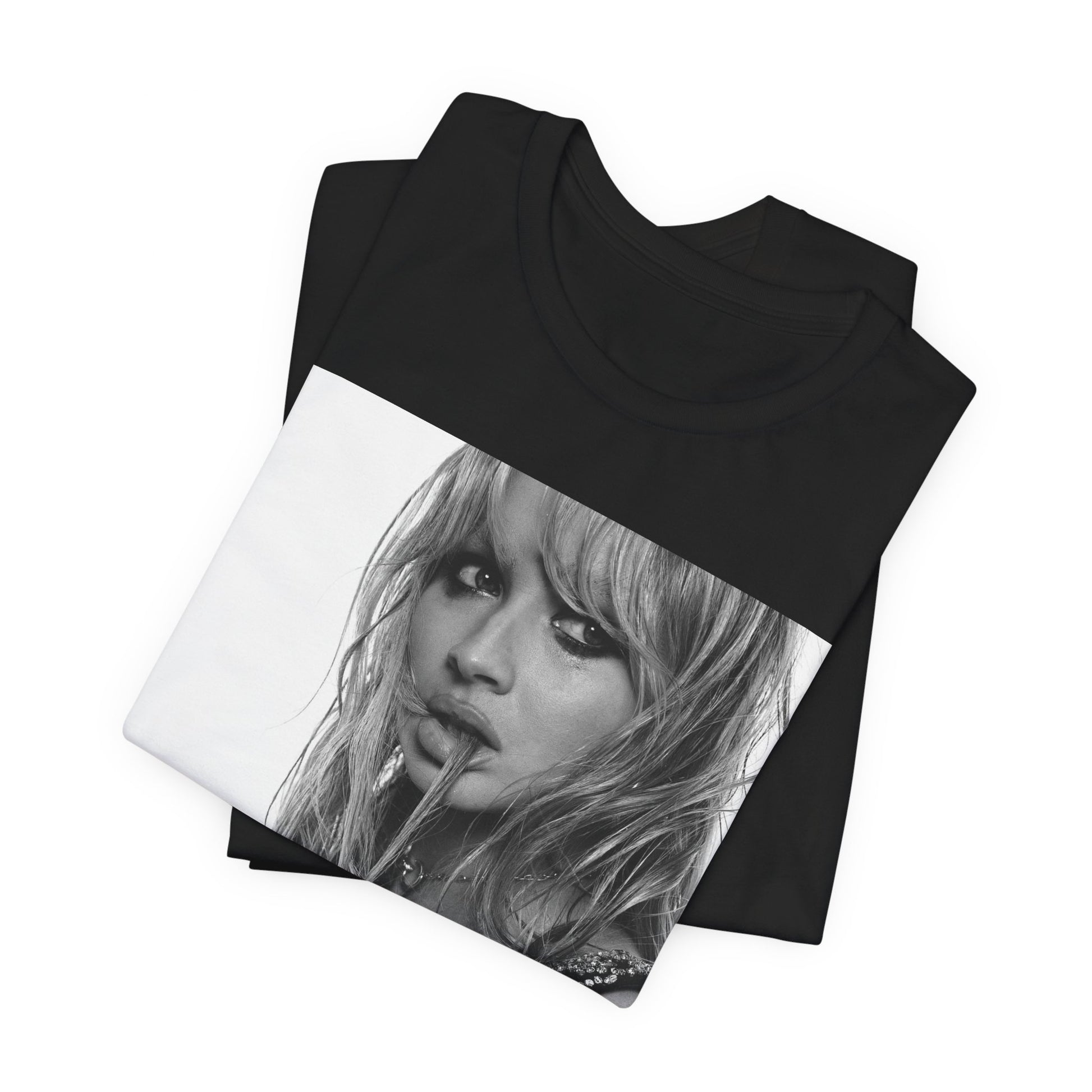 A black graphic t-shirt featuring a black and white portrait photo of Sabrina Carpenter.