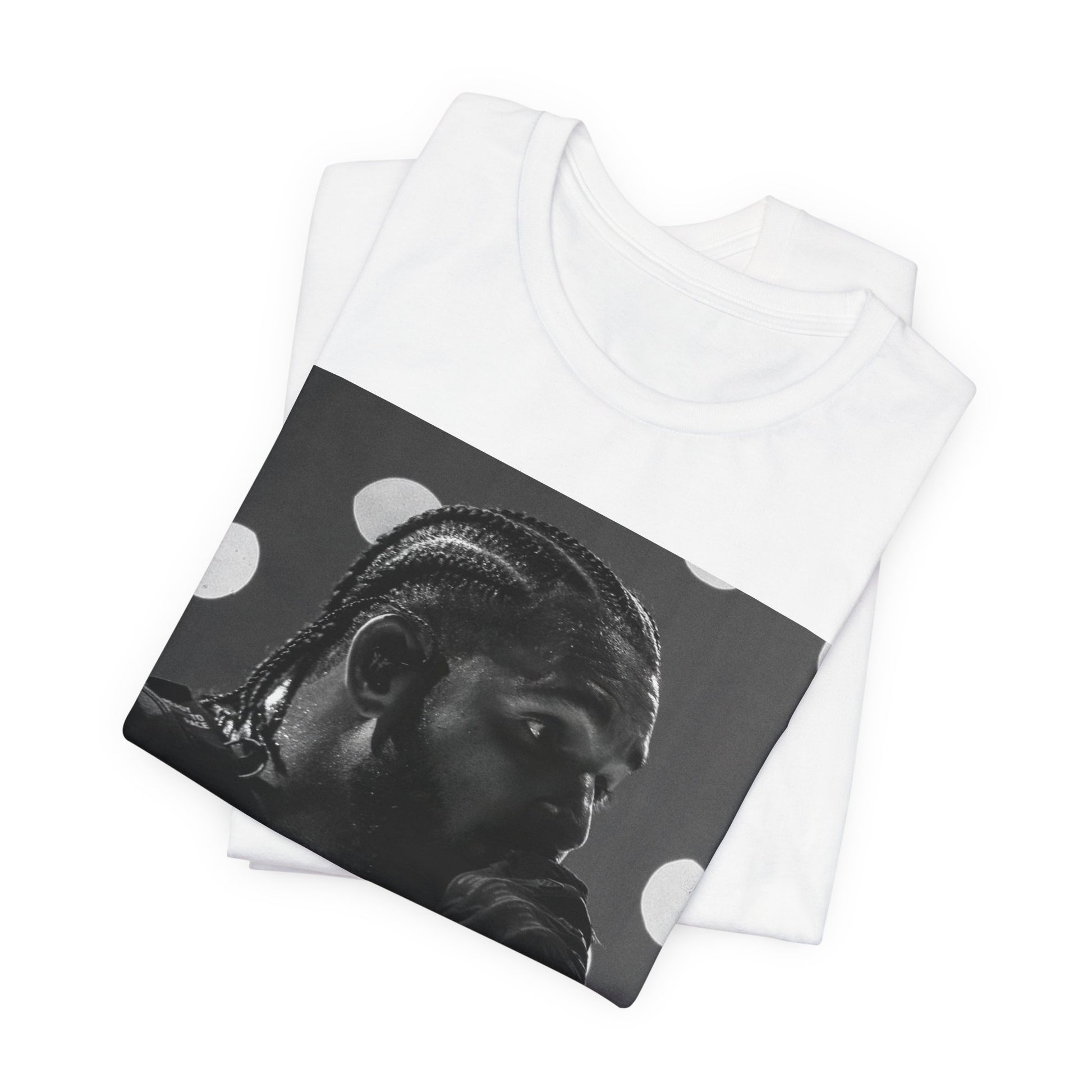 A black graphic t-shirt featuring a classic black and white style graphic of Drake.