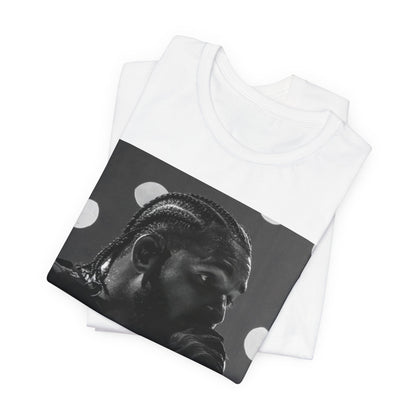 A black graphic t-shirt featuring a classic black and white style graphic of Drake.