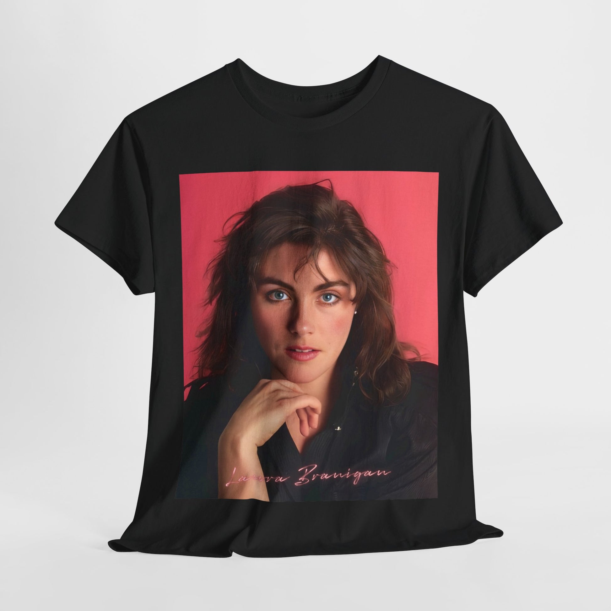 A black graphic t-shirt featuring a vintage 80s pop diva graphic of Laura Branigan.