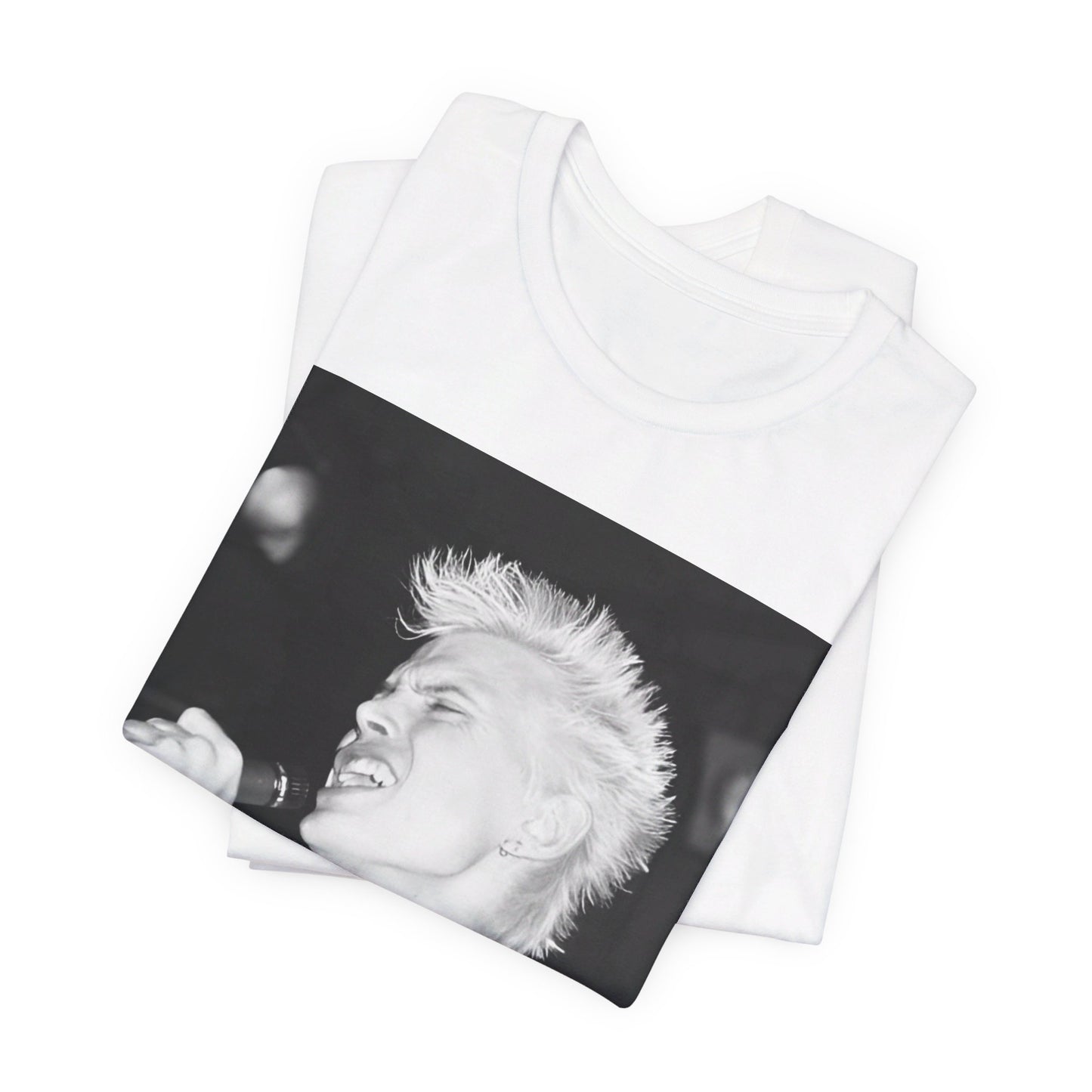 A black graphic t-shirt featuring a black and white photo of Billy Idol performing live on stage.