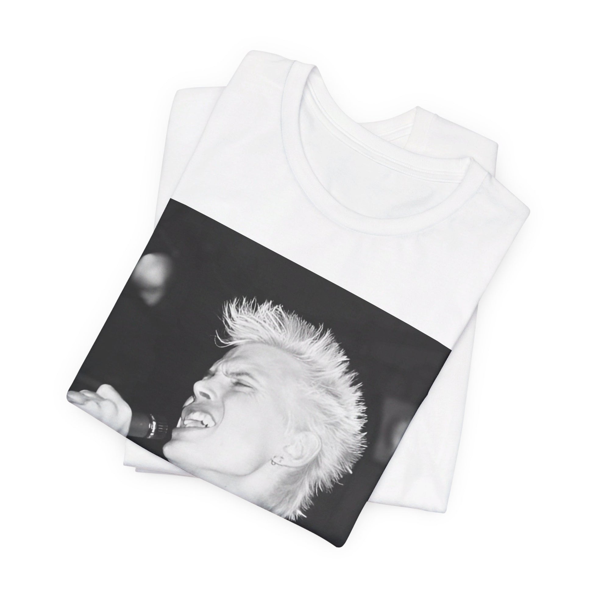 A black graphic t-shirt featuring a black and white photo of Billy Idol performing live on stage.