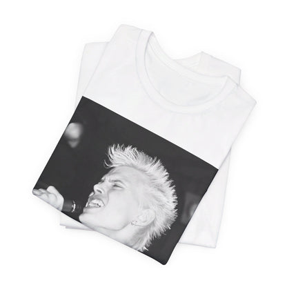 A black graphic t-shirt featuring a black and white photo of Billy Idol performing live on stage.