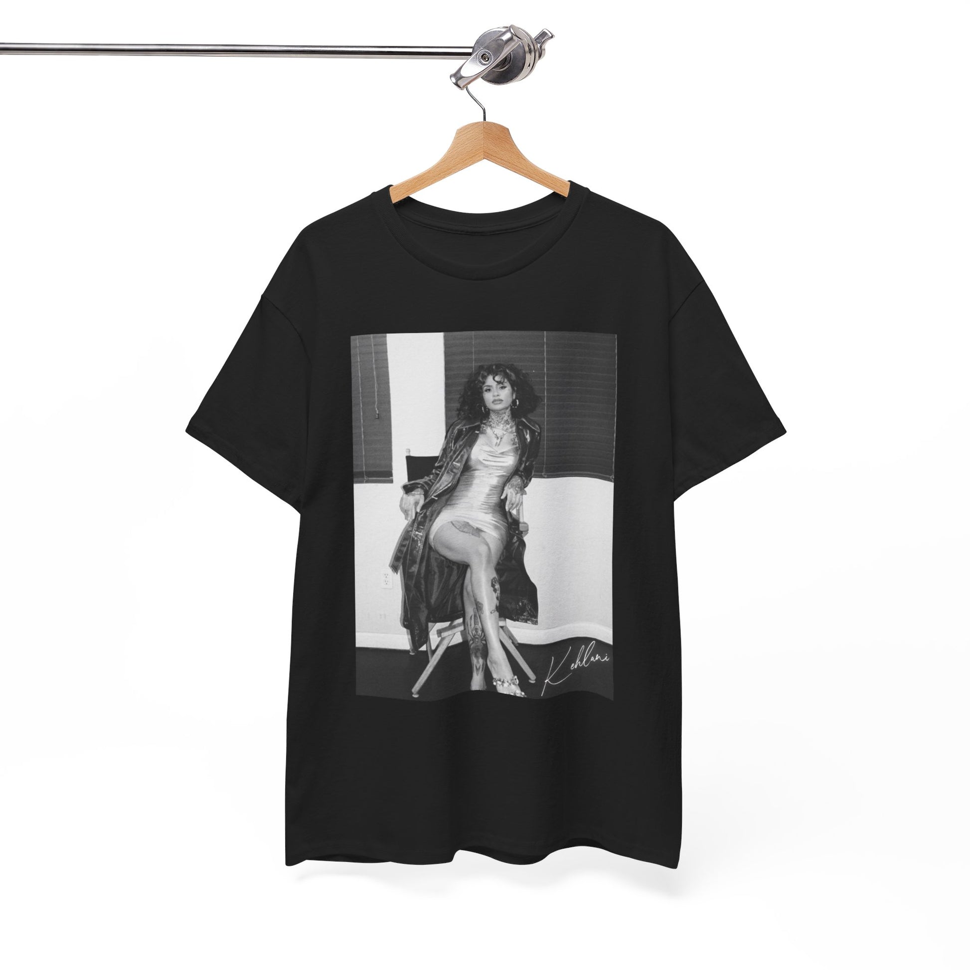 A black graphic t-shirt featuring a vintage black and white graphic or photo of Kehlani.