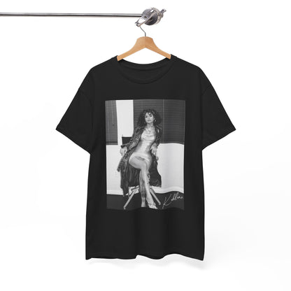 A black graphic t-shirt featuring a vintage black and white graphic or photo of Kehlani.