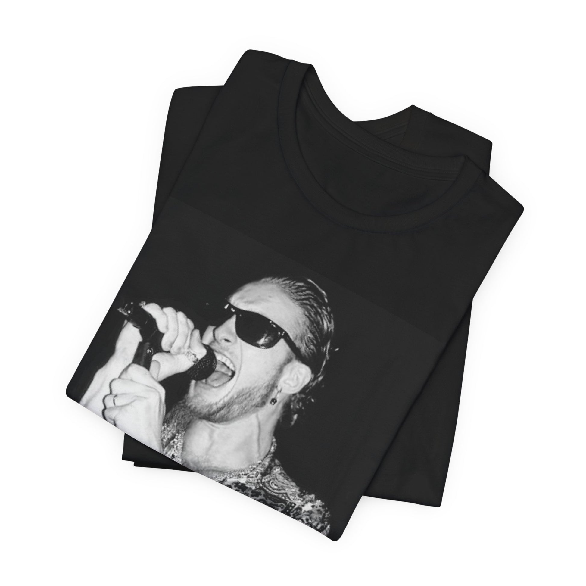 A black graphic t-shirt featuring an iconic black and white portrait photo of Layne Staley from Alice In Chains, showing his distinctive look.