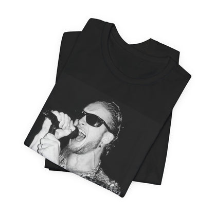 A black graphic t-shirt featuring an iconic black and white portrait photo of Layne Staley from Alice In Chains, showing his distinctive look.