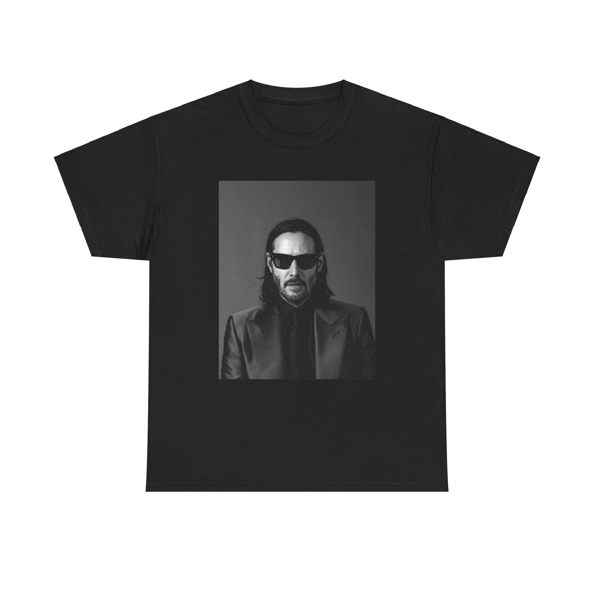 A black graphic t-shirt featuring an aesthetic graphic of Keanu Reeves as an action hero.