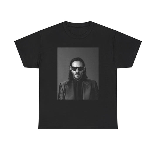 A black graphic t-shirt featuring an aesthetic graphic of Keanu Reeves as an action hero.