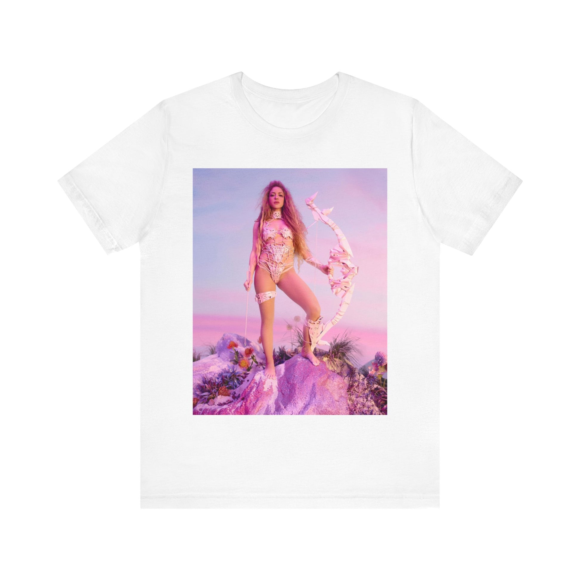 A black graphic t-shirt featuring a vintage ethereal warrior graphic of Shakira.