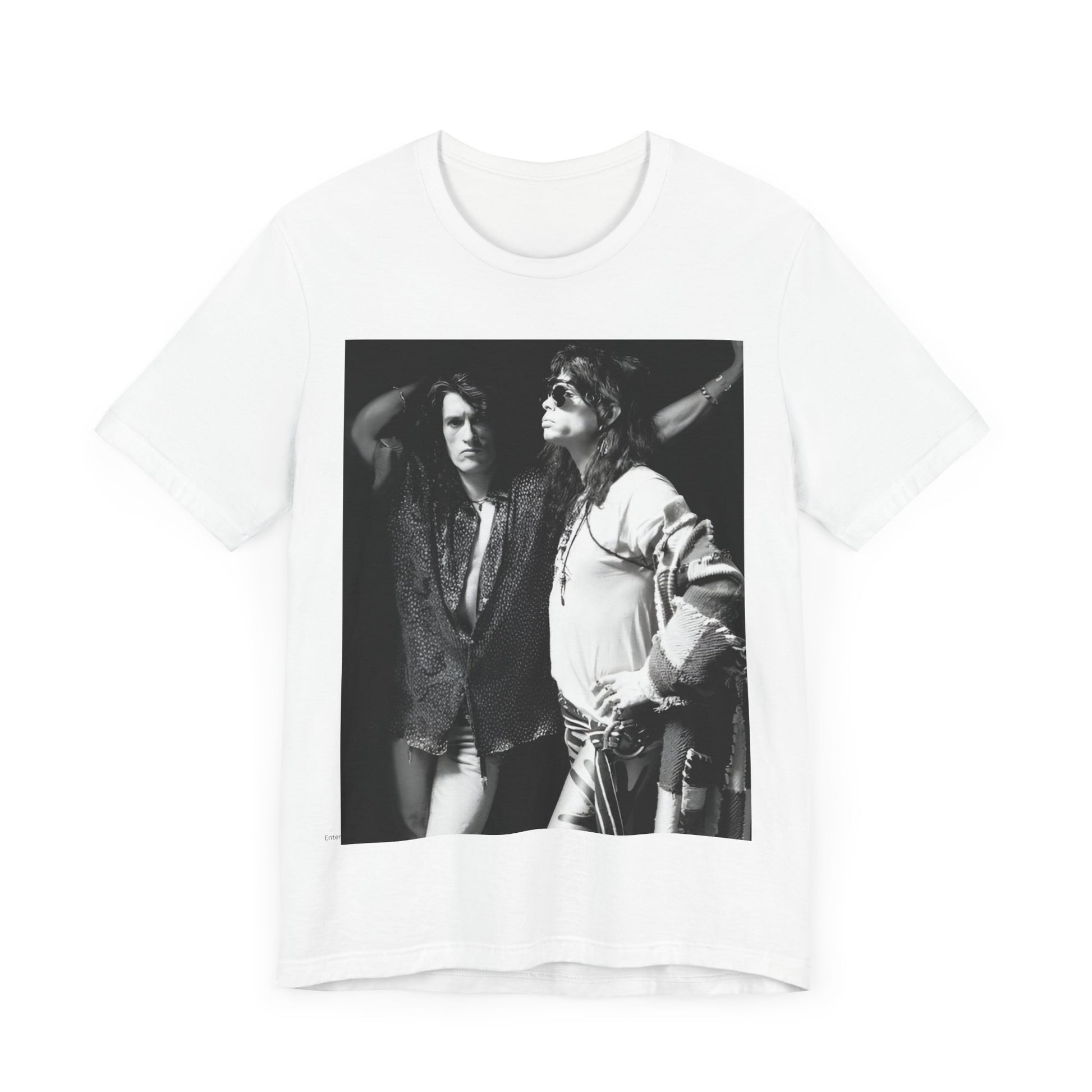 A black graphic t-shirt featuring a dynamic photo or illustration of Aerosmith's Steven Tyler and Joe Perry performing together on stage, highlighting their synergy.