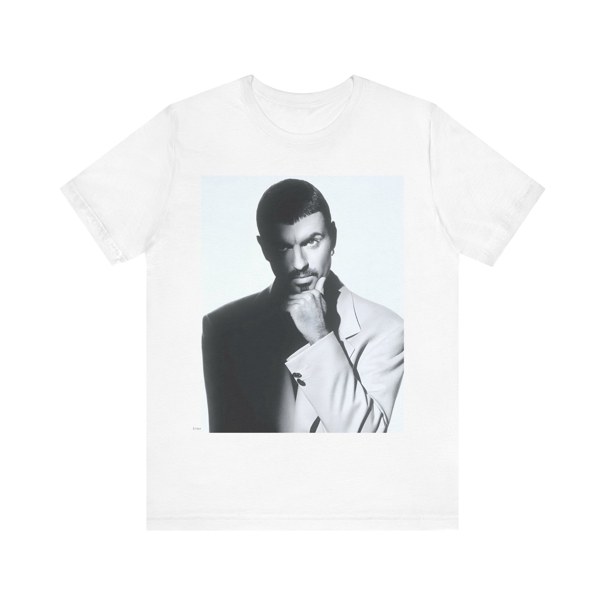 A black graphic t-shirt featuring a 90s aesthetic graphic of George Michael.
