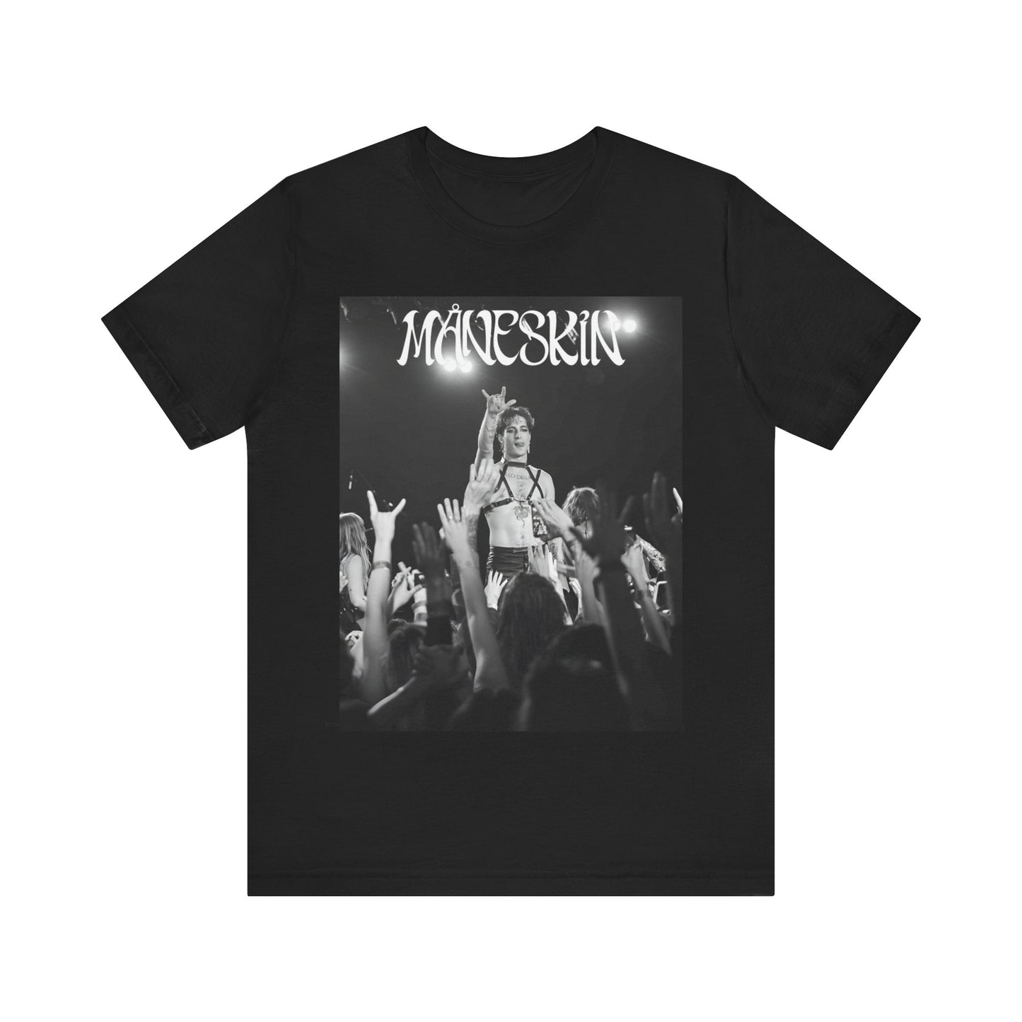A black graphic t-shirt featuring a graphic or photo of Maneskin performing live.