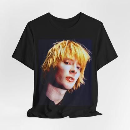 A black graphic t-shirt featuring an aesthetic graphic of Thom Yorke from Radiohead.