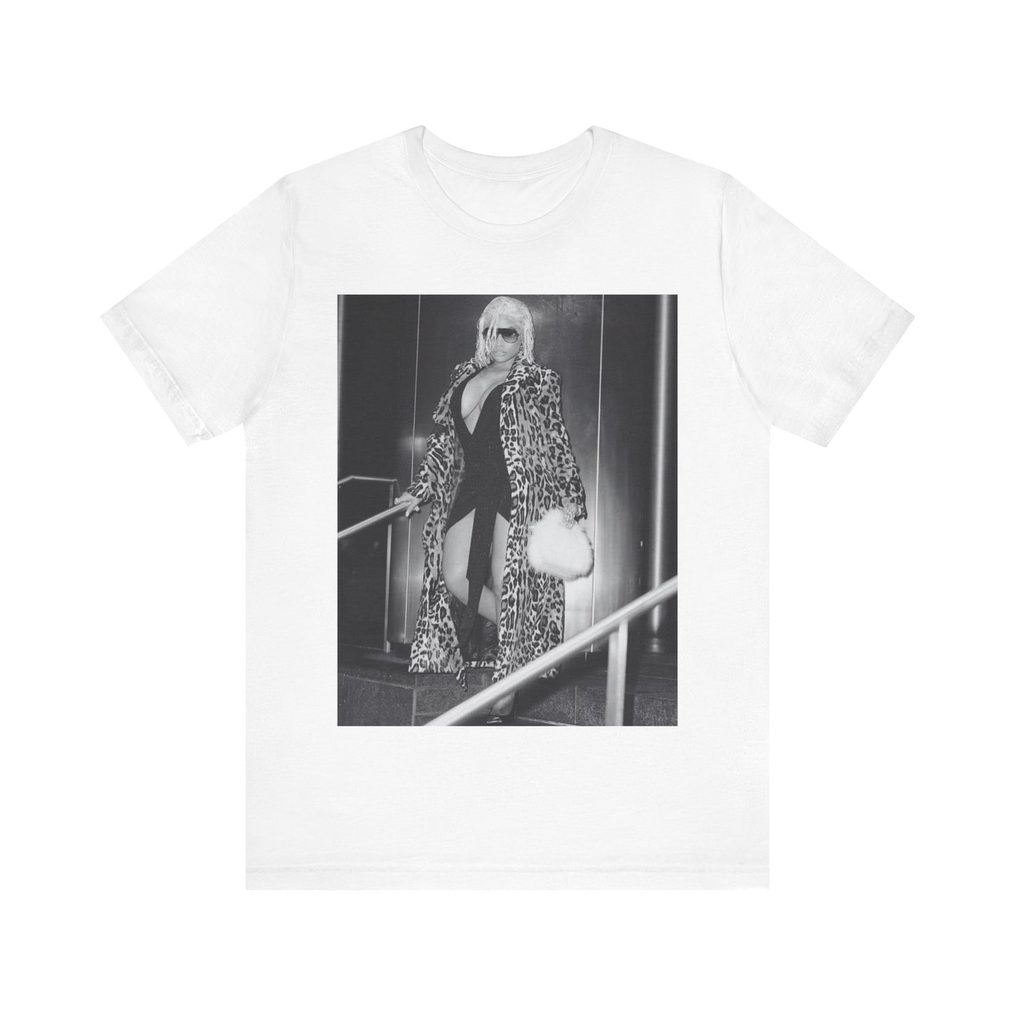 A black graphic t-shirt featuring a black and white glam aesthetic graphic of Nicki Minaj.