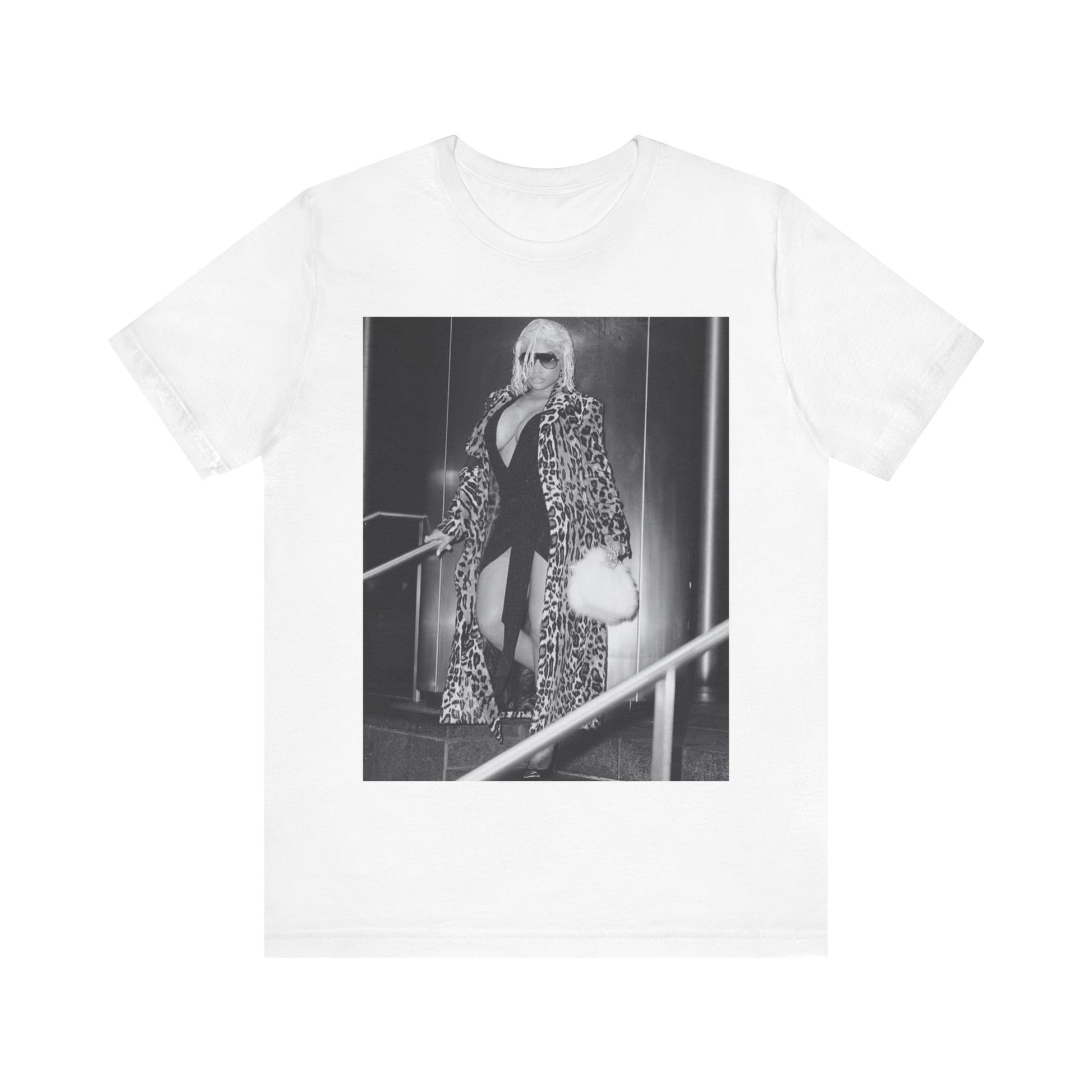 A black graphic t-shirt featuring a black and white glam aesthetic graphic of Nicki Minaj.