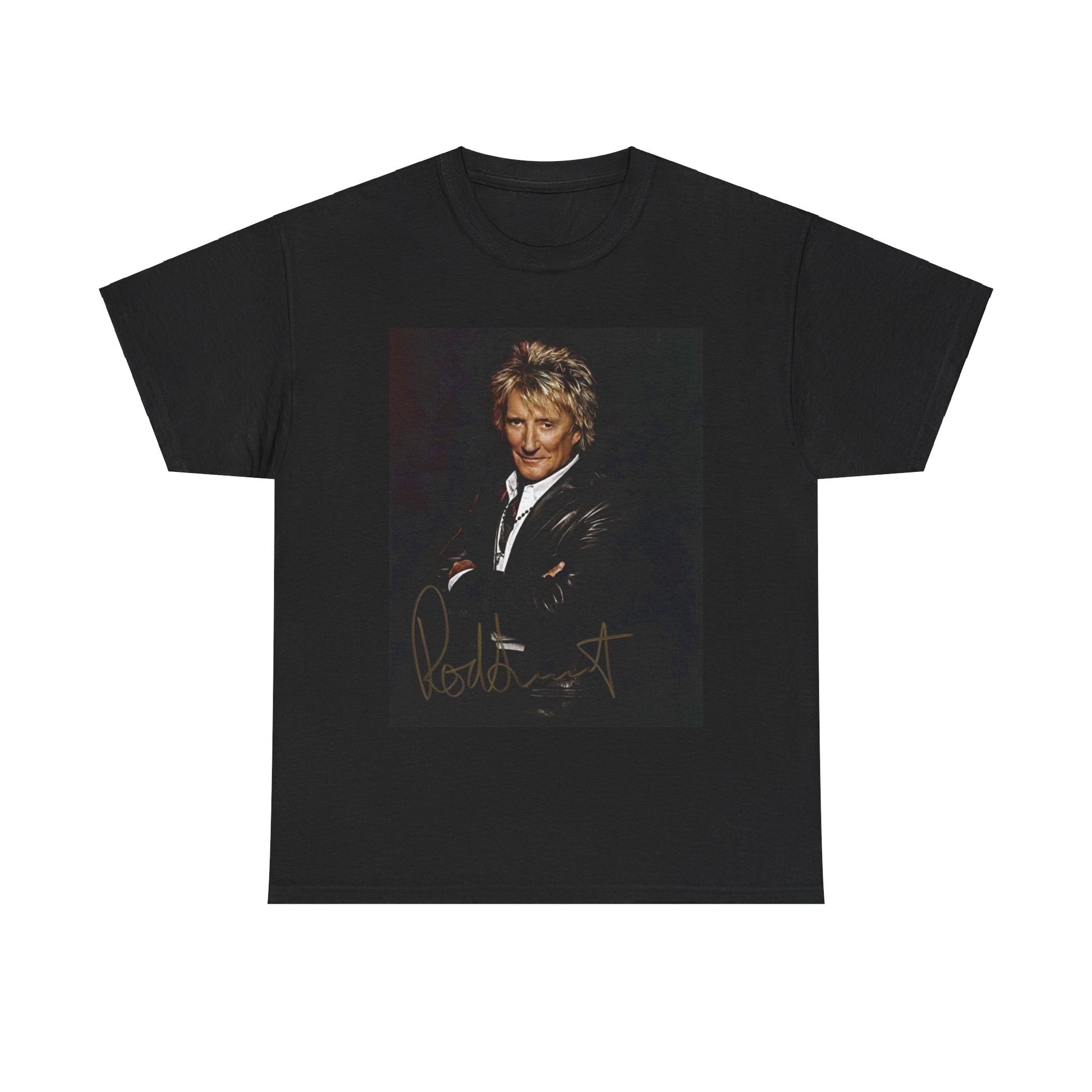 A black graphic t-shirt featuring a signature graphic of Rod Stewart.