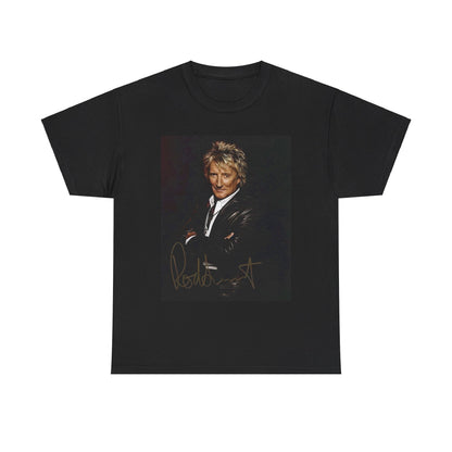 A black graphic t-shirt featuring a signature graphic of Rod Stewart.