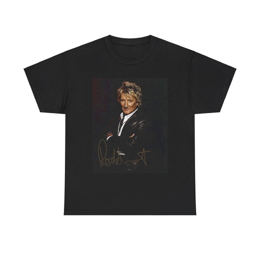 A black graphic t-shirt featuring a signature graphic of Rod Stewart.