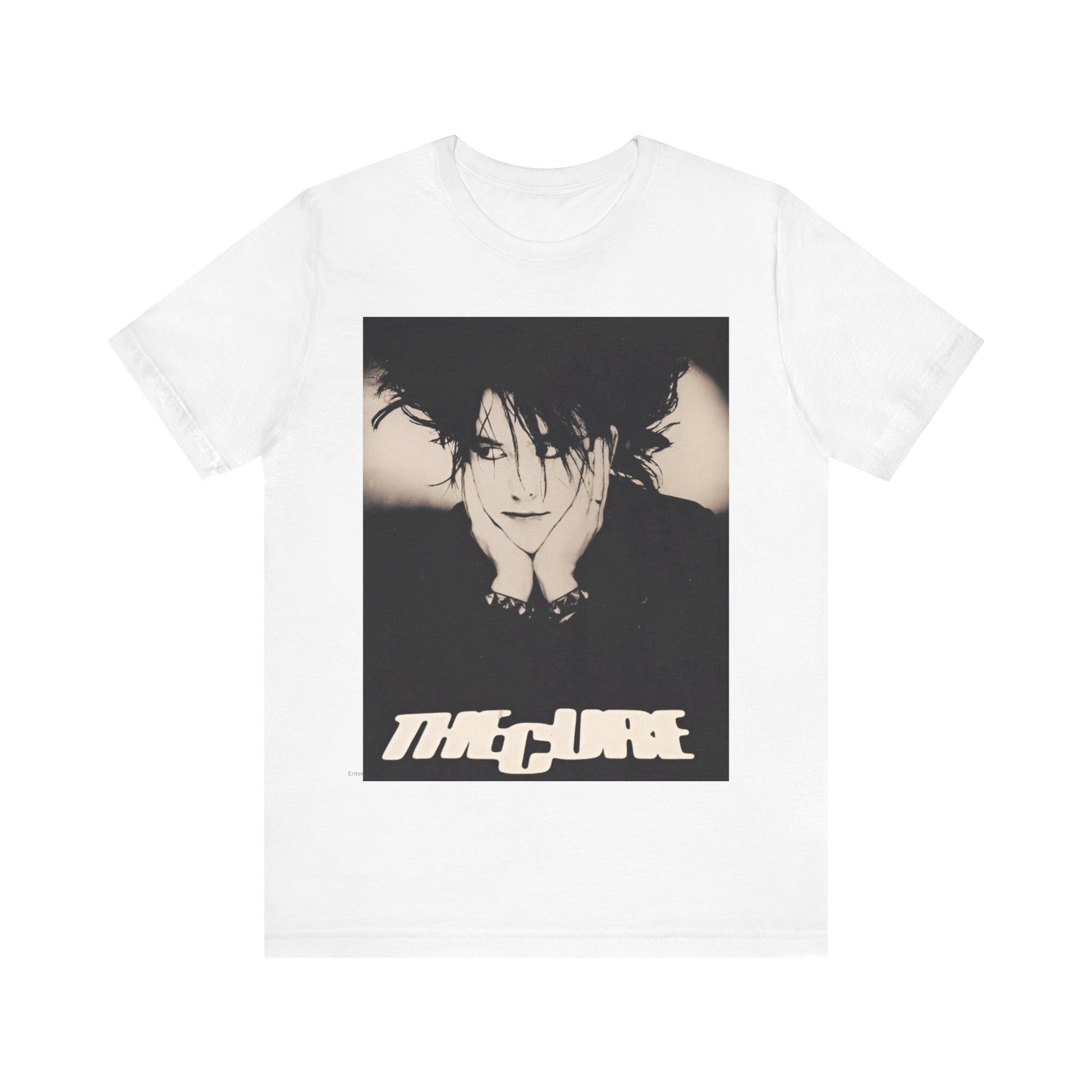 A black graphic t-shirt featuring a graphic of The Cure with cool new wave vibes.