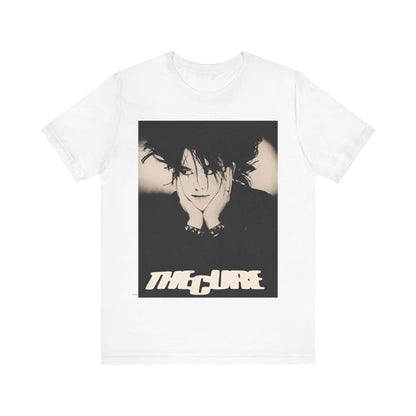 A black graphic t-shirt featuring a graphic of The Cure with cool new wave vibes.