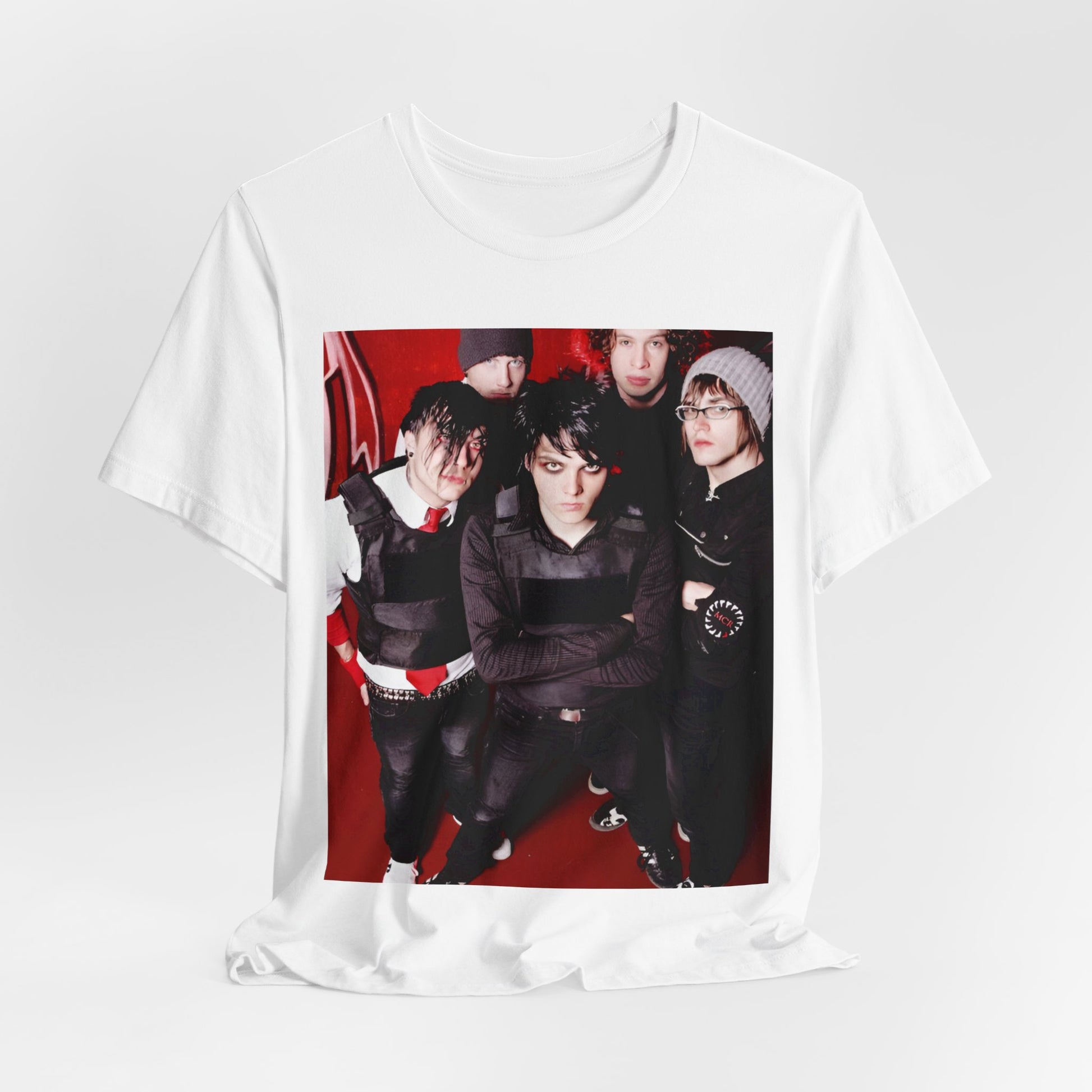 A black graphic t-shirt featuring a boxy graphic related to My Chemical Romance's 'Black Parade' album era.
