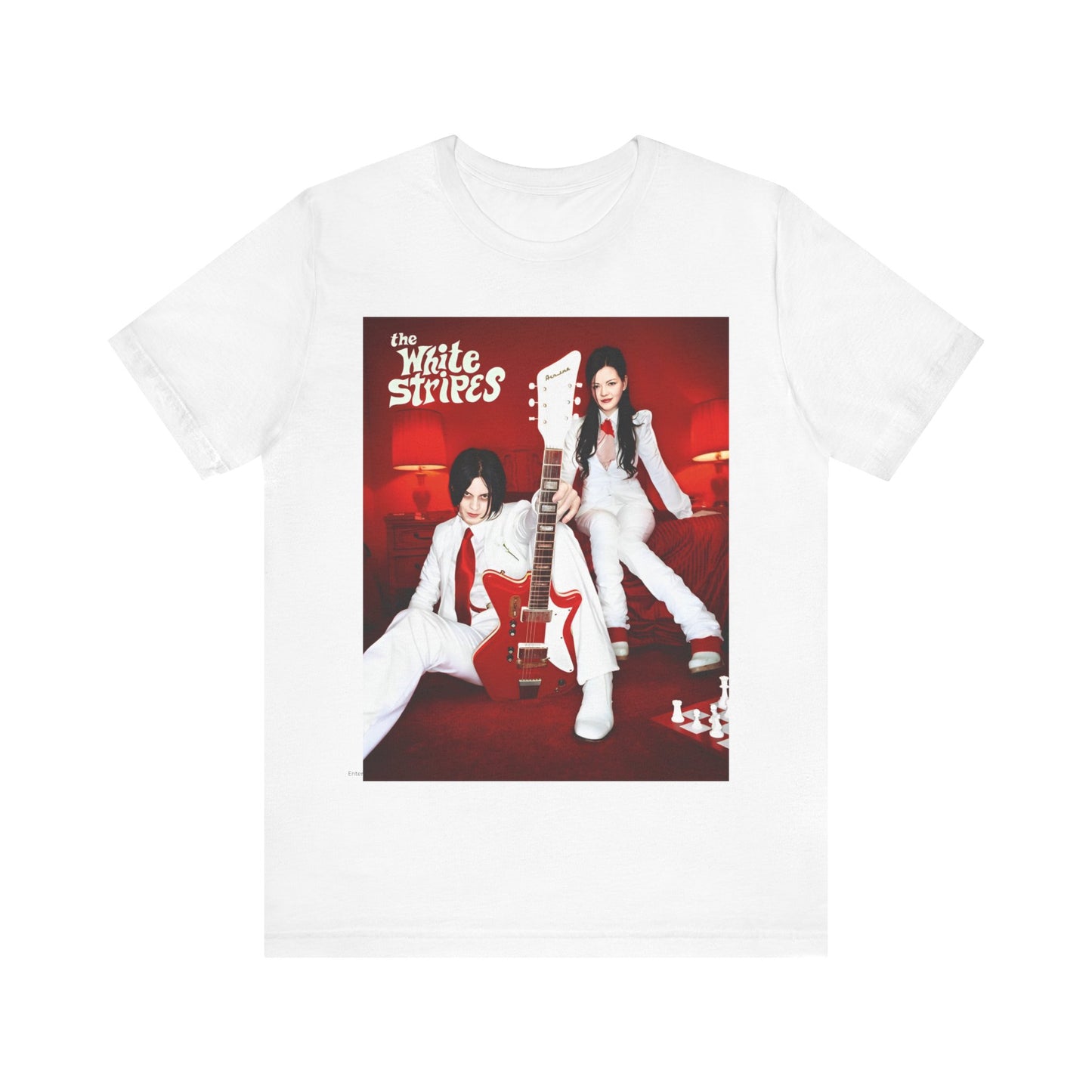 A black graphic t-shirt featuring a graphic related to The White Stripes' 'Seven Nation Army' song or era.