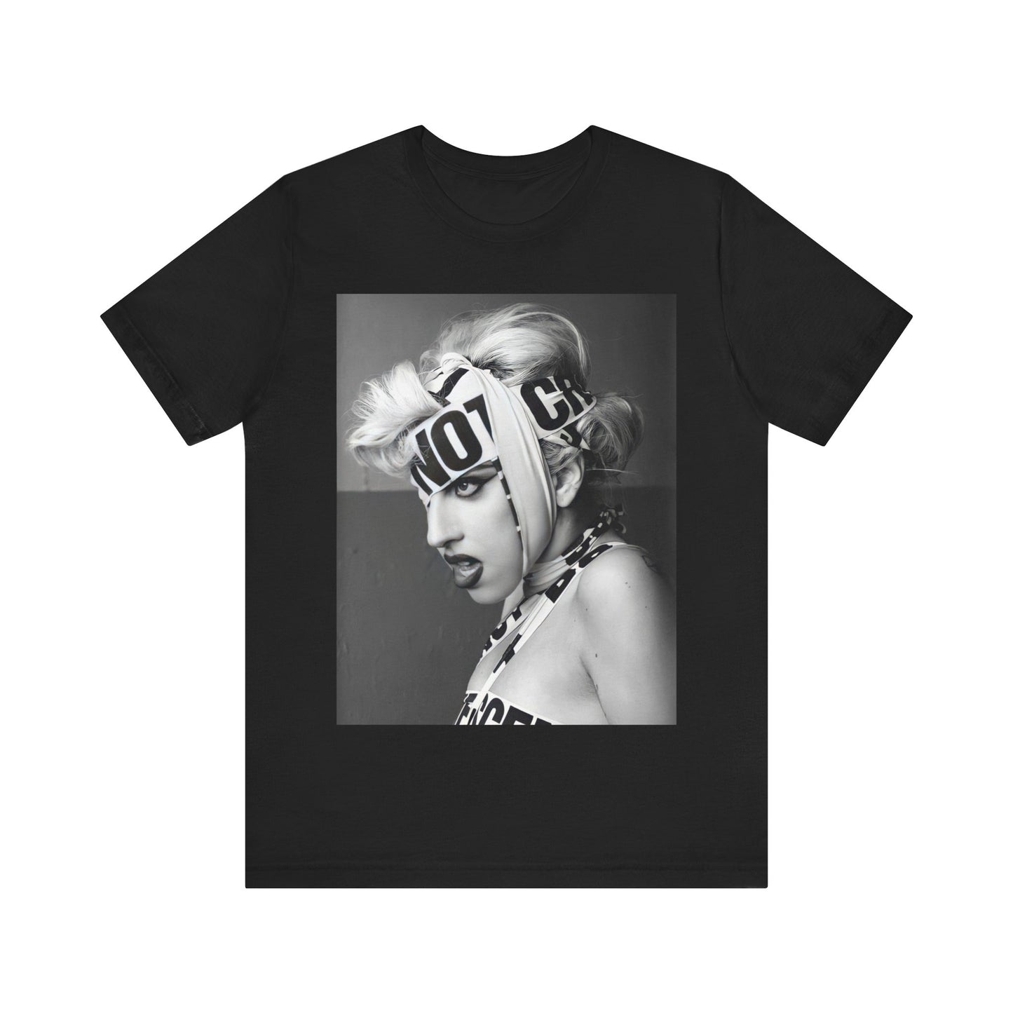 A black graphic t-shirt featuring a glam graphic related to Lady Gaga's 'Born This Way' album era.