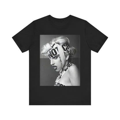 A black graphic t-shirt featuring a glam graphic related to Lady Gaga's 'Born This Way' album era.