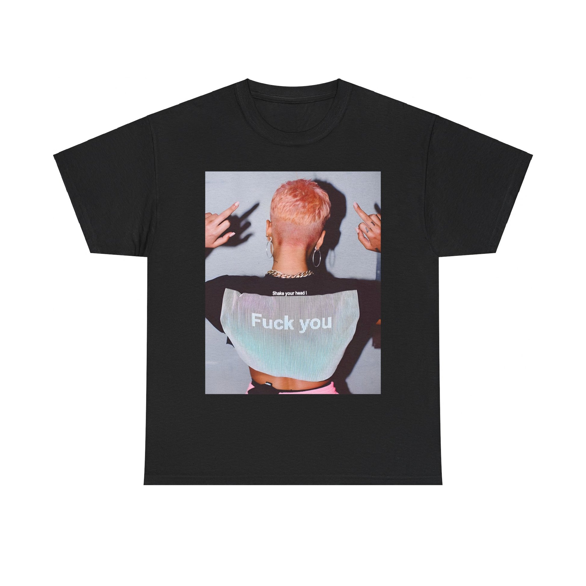 A black graphic t-shirt featuring a graphic of Halsey with text or imagery conveying "Fuck You."