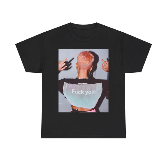 A black graphic t-shirt featuring a graphic of Halsey with text or imagery conveying "Fuck You."